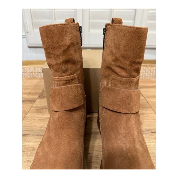 Michael Kors Perry Suede Moto Boots Luggage Camel Size 8 NWOB Chic Edgy Lug Sole - Picture 6 of 14